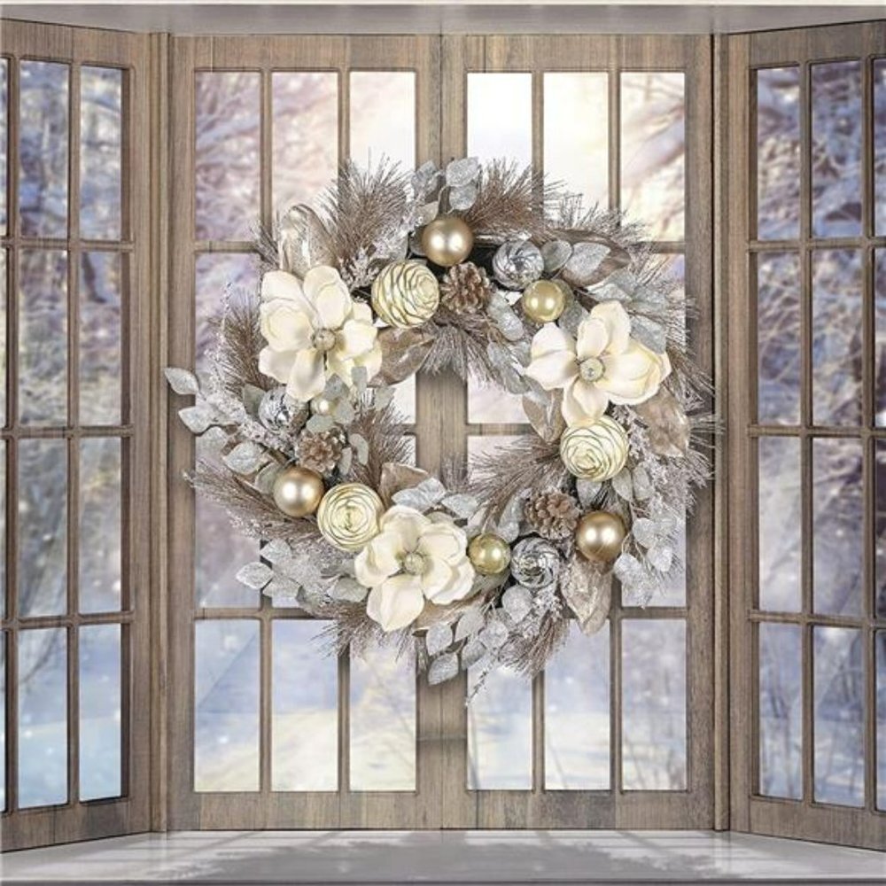 Pre-Lit 24 inch Elegant Champagne Gold Lighted Christmas Wreath for Front Door